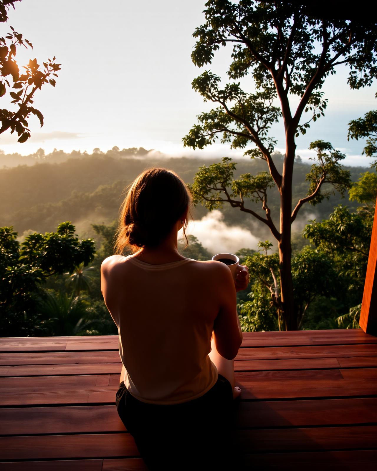A guest sits on a teak deck at sunrise, looking out over a misty rainforest with a cup of Costa Rican pour-over coffee